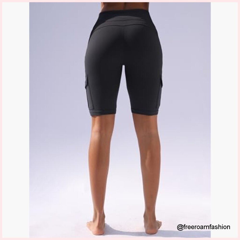 High Waisted Tummy Control Yoga Shorts with Cargo Pockets - Picture 4 of 7